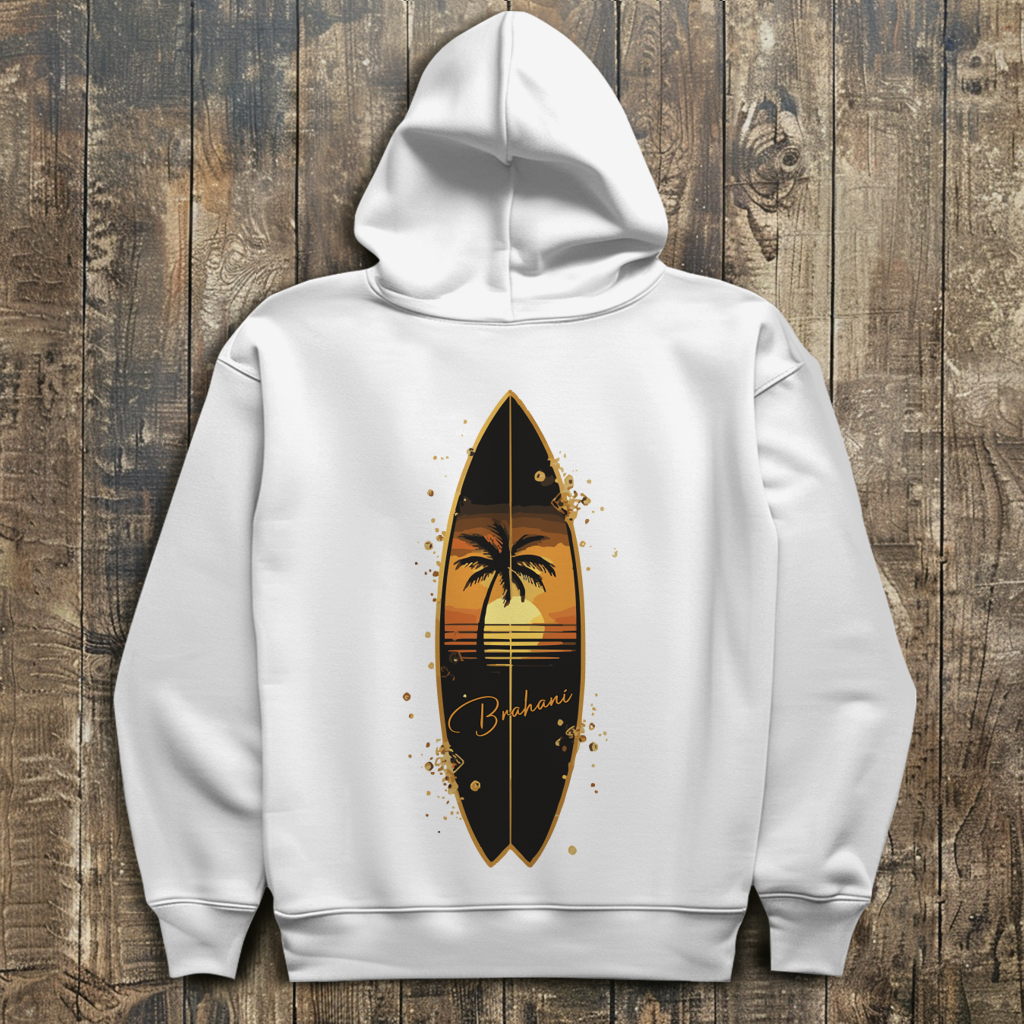 Herren Hoodie „Golden Wave“ – Premium Kapuzenpullover mit Surfboard & Palmen-Design |