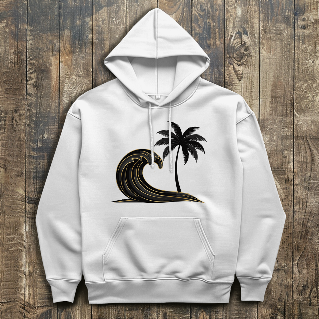 Herren Hoodie „Golden Wave“ – Premium Kapuzenpullover mit Surfboard & Palmen-Design |