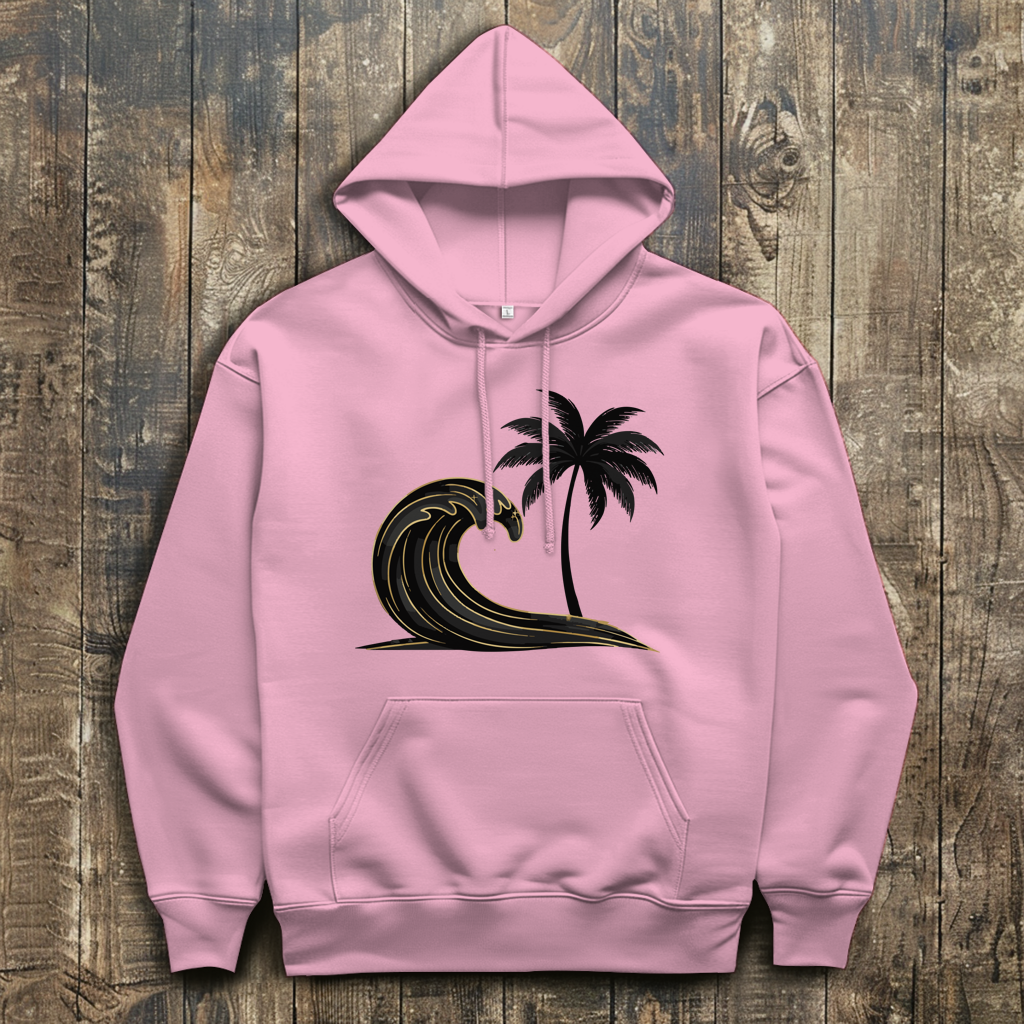Herren Hoodie „Golden Wave“ – Premium Kapuzenpullover mit Surfboard & Palmen-Design |