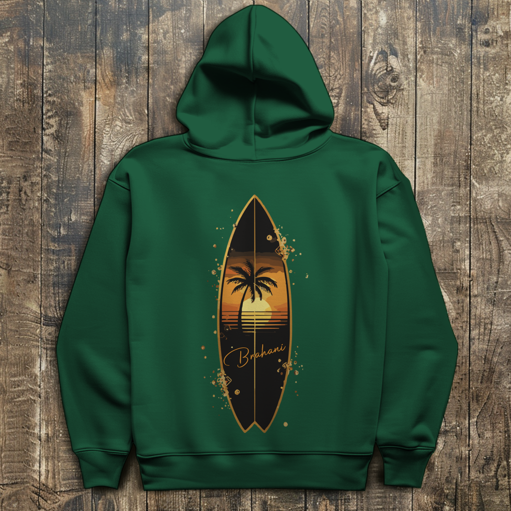 Herren Hoodie „Golden Wave“ – Premium Kapuzenpullover mit Surfboard & Palmen-Design |