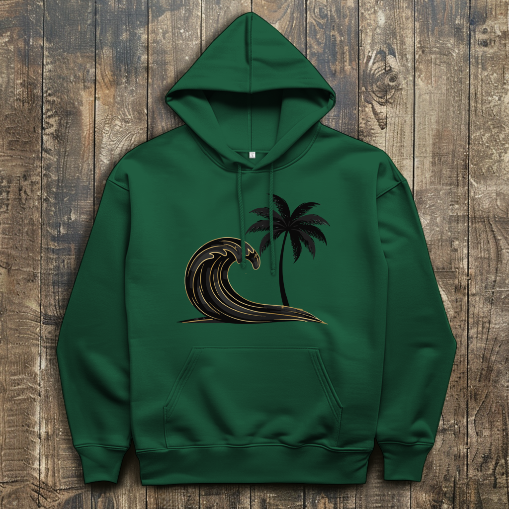 Herren Hoodie „Golden Wave“ – Premium Kapuzenpullover mit Surfboard & Palmen-Design |