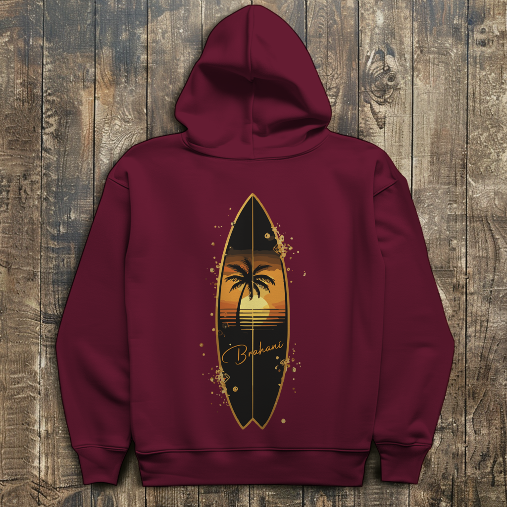 Herren Hoodie „Golden Wave“ – Premium Kapuzenpullover mit Surfboard & Palmen-Design |