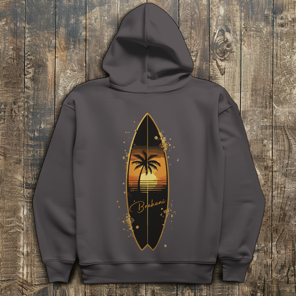 Herren Hoodie „Golden Wave“ – Premium Kapuzenpullover mit Surfboard & Palmen-Design |