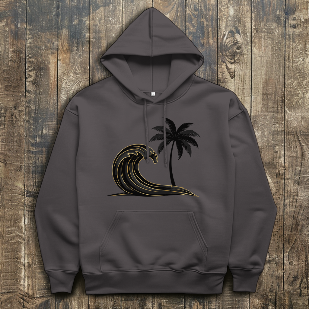 Herren Hoodie „Golden Wave“ – Premium Kapuzenpullover mit Surfboard & Palmen-Design |