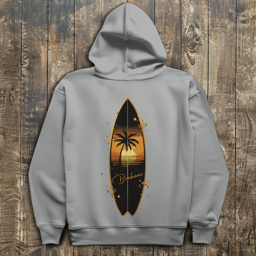 Herren Hoodie „Golden Wave“ – Premium Kapuzenpullover mit Surfboard & Palmen-Design |