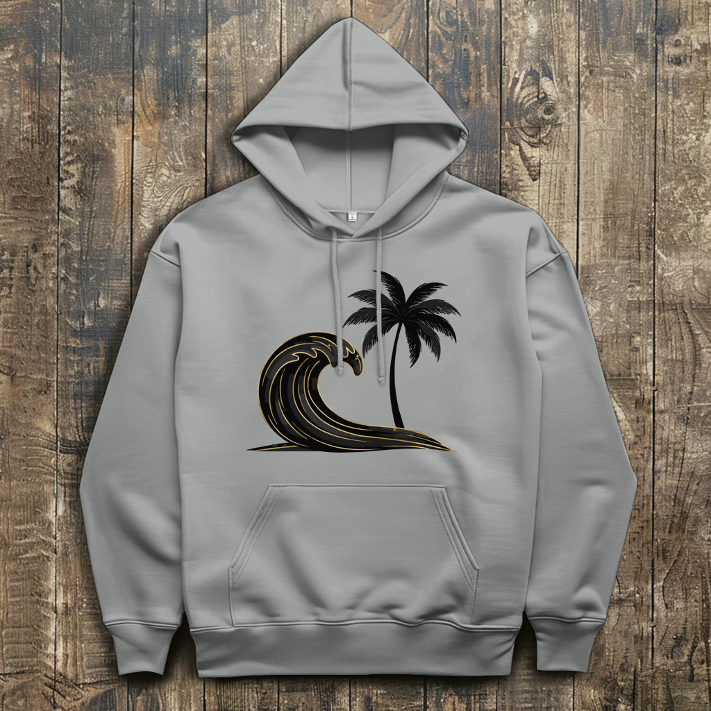Herren Hoodie „Golden Wave“ – Premium Kapuzenpullover mit Surfboard & Palmen-Design |