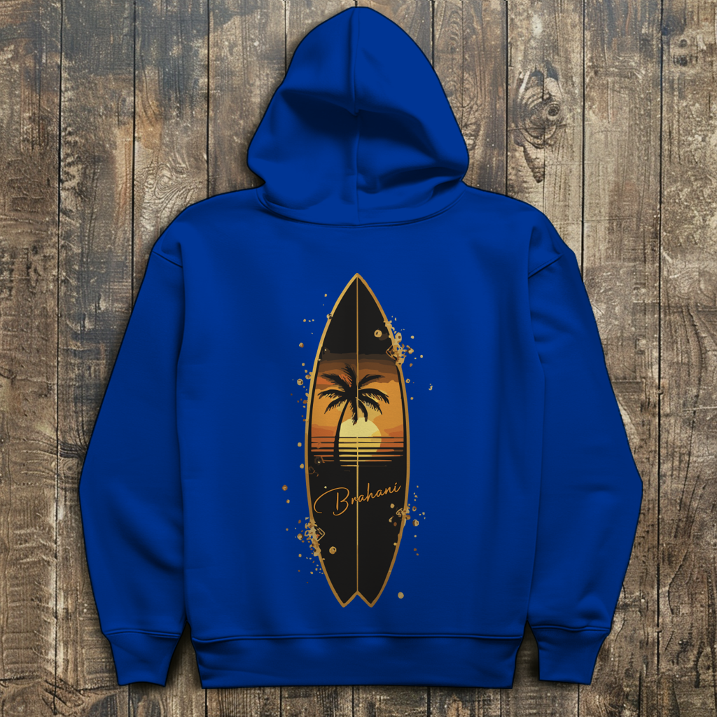 Herren Hoodie „Golden Wave“ – Premium Kapuzenpullover mit Surfboard & Palmen-Design |