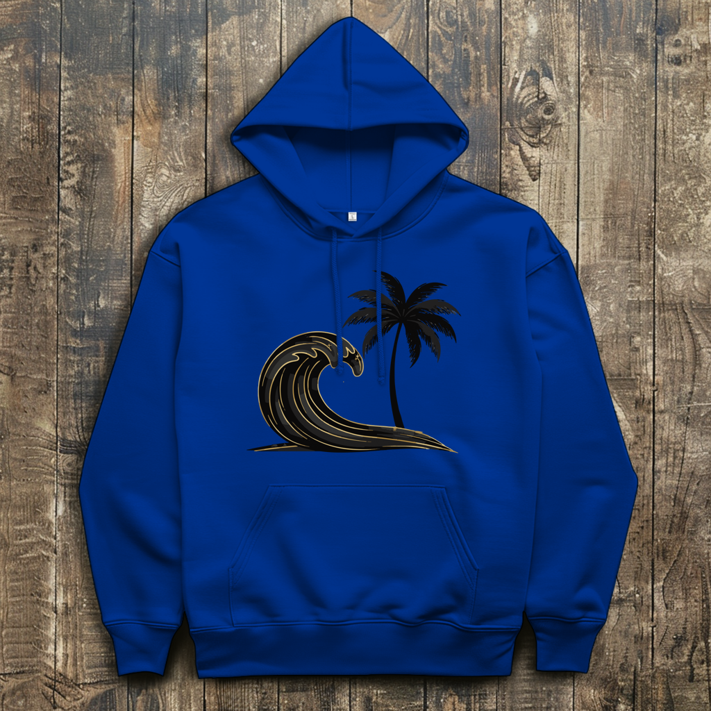 Herren Hoodie „Golden Wave“ – Premium Kapuzenpullover mit Surfboard & Palmen-Design |