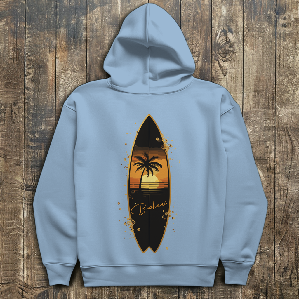 Herren Hoodie „Golden Wave“ – Premium Kapuzenpullover mit Surfboard & Palmen-Design |