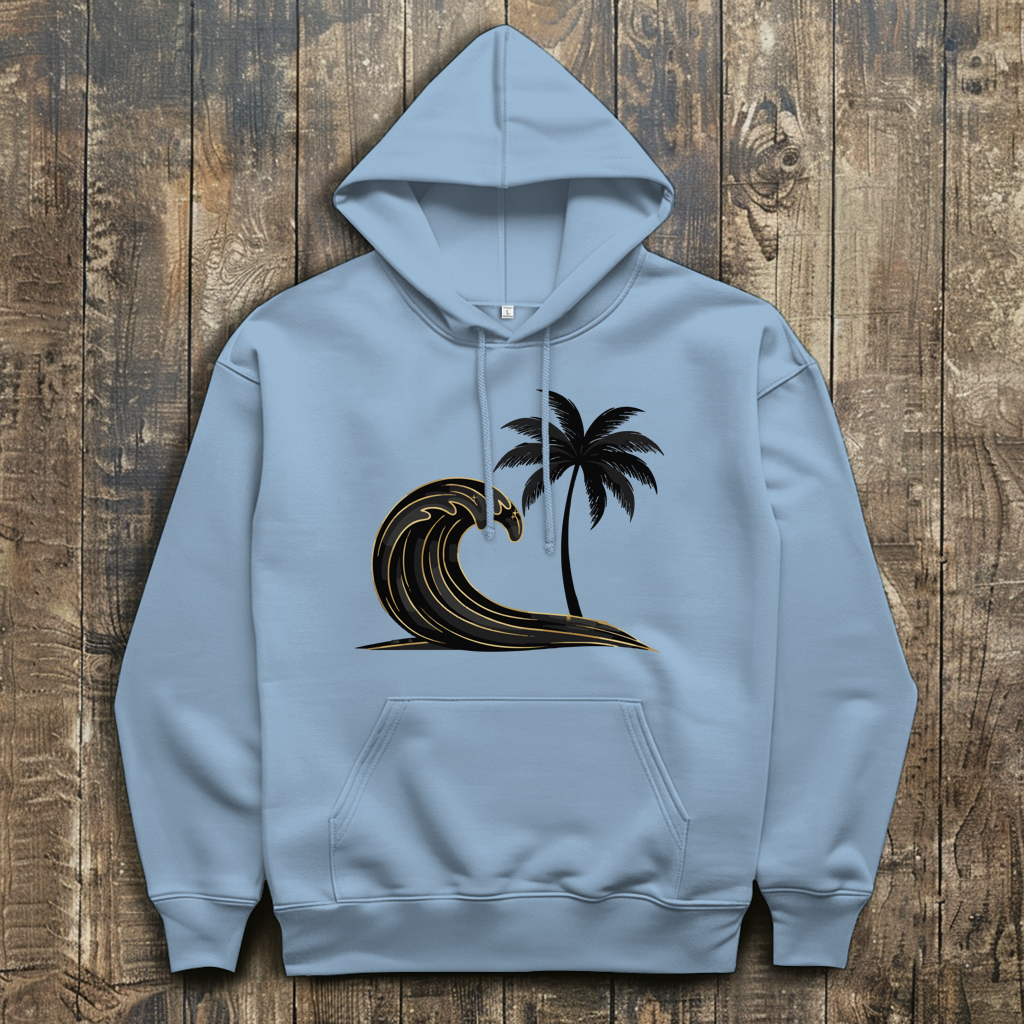 Herren Hoodie „Golden Wave“ – Premium Kapuzenpullover mit Surfboard & Palmen-Design |