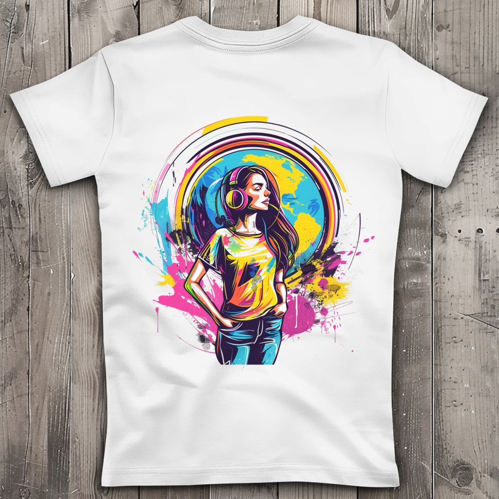 Buntes Festival Frauen T-Shirt- Global Vibes , Music Vibes, Pop-Art Look mit starker Farbexplosion