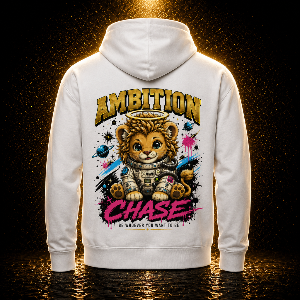 Brahani Ambition Chase Hoodie – Premium Unisex Kapuzenpullover mit Astronaut Löwen Motiv | Streetwear & Motivation