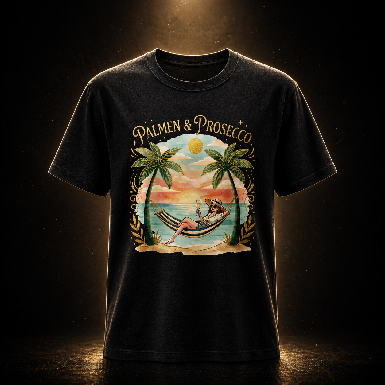 Brahani Damen T-Shirt „Palmen & Prosecco“ – Stilvolles Sommer-Shirt mit exklusivem Beach-Design & Gold-Details