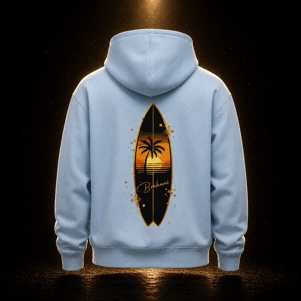 Brahani Hoodie „Golden Wave“ – Premium Kapuzenpullover mit Surfboard & Palmen-Design |