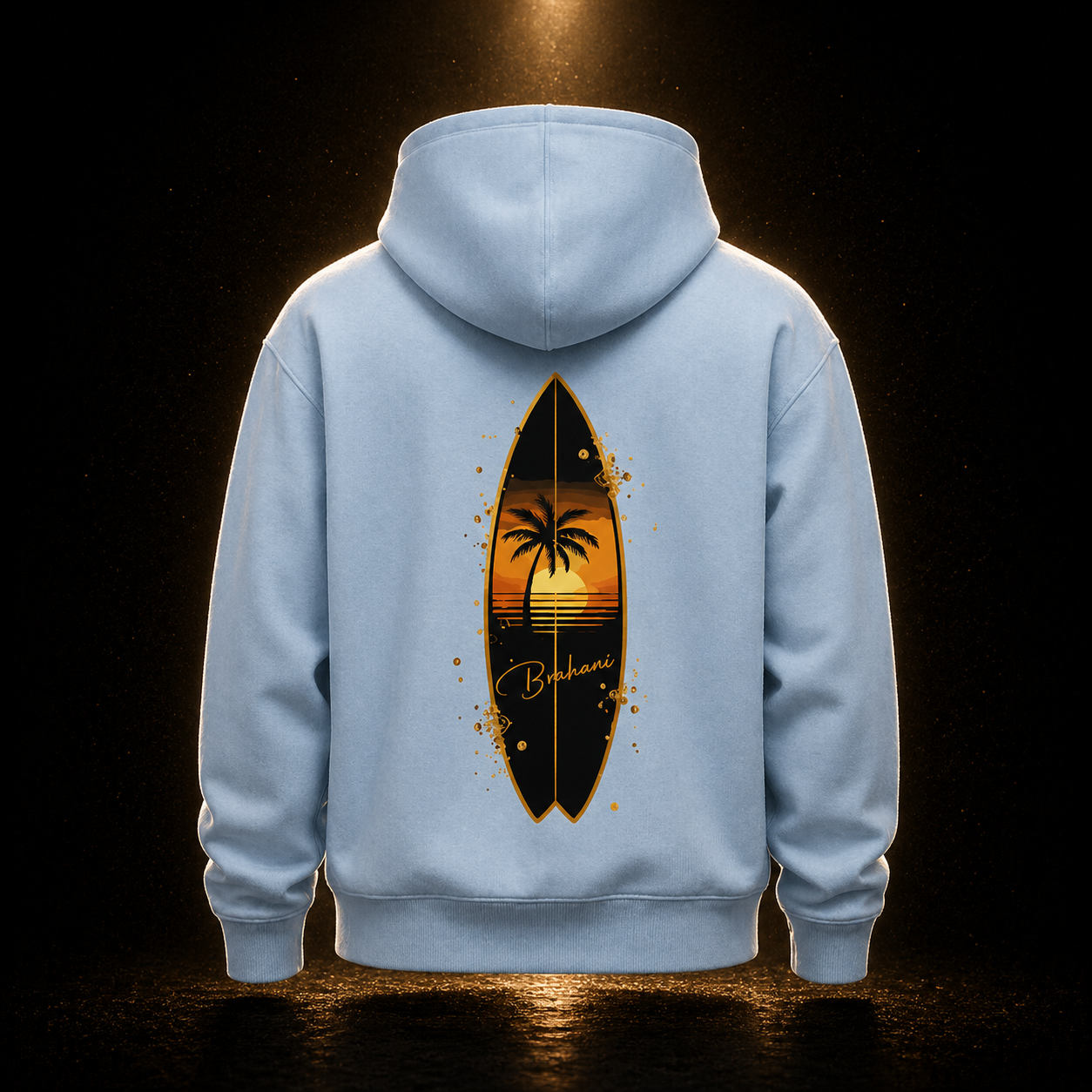 Brahani Hoodie „Golden Wave“ – Premium Kapuzenpullover mit Surfboard & Palmen-Design |