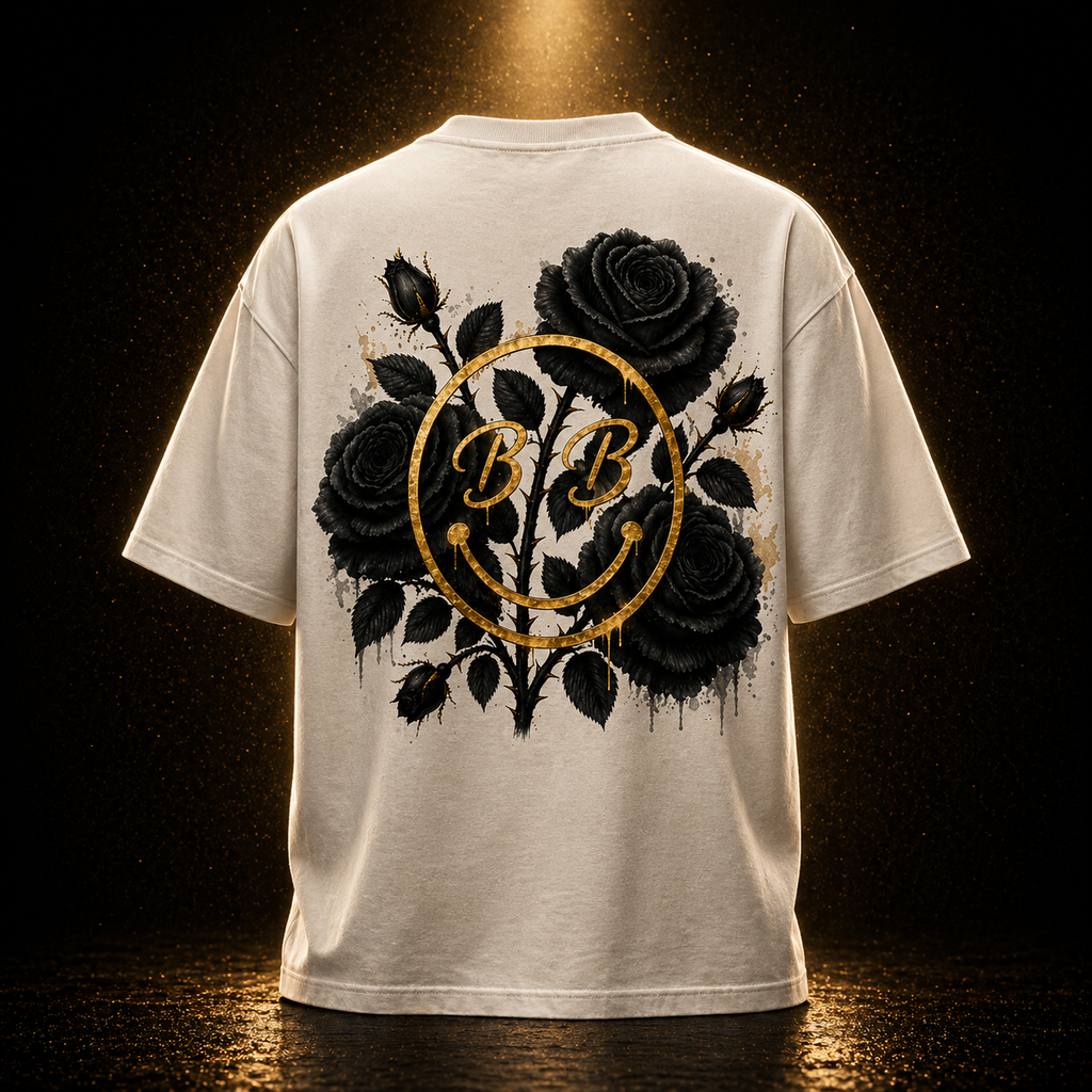 Luxury Black Rose Gold Smiley Oversized T-Shirt – Premium Designer Streetwear Unisex | Brahani