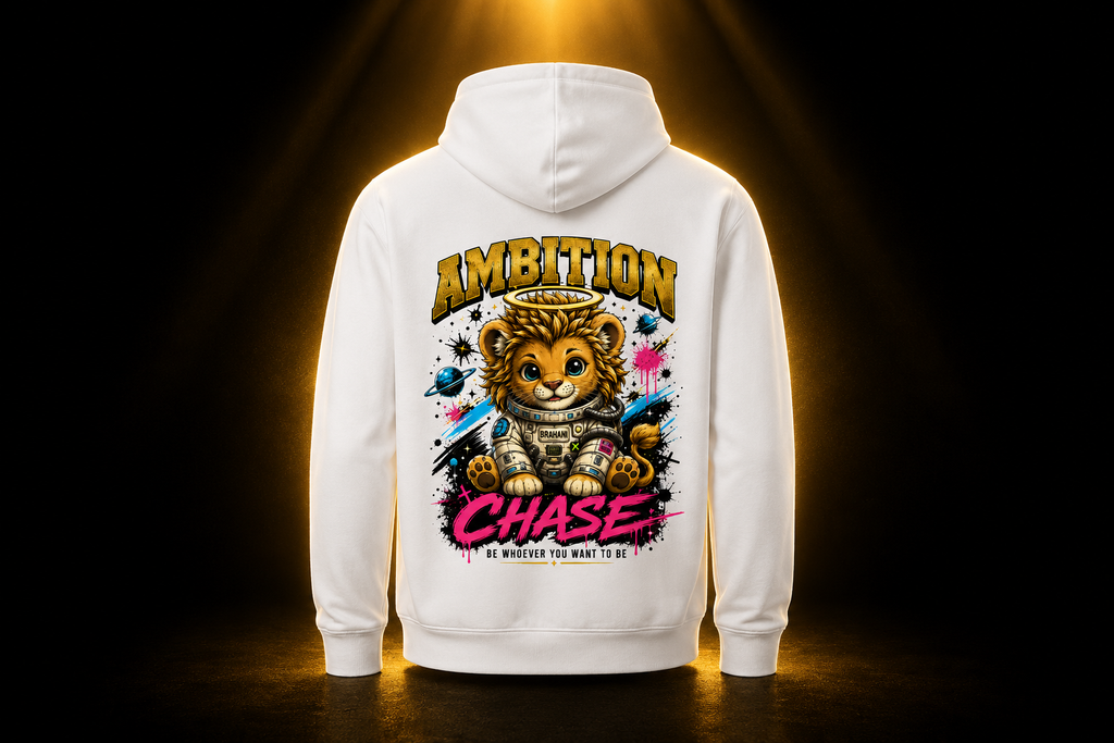 Brahani Ambition Chase Hoodie – Premium Unisex Kapuzenpullover mit Astronaut Löwen Motiv | Streetwear & Motivation