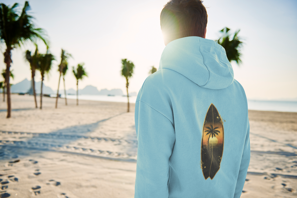 Herren Hoodie „Golden Wave“ – Premium Kapuzenpullover mit Surfboard & Palmen-Design |