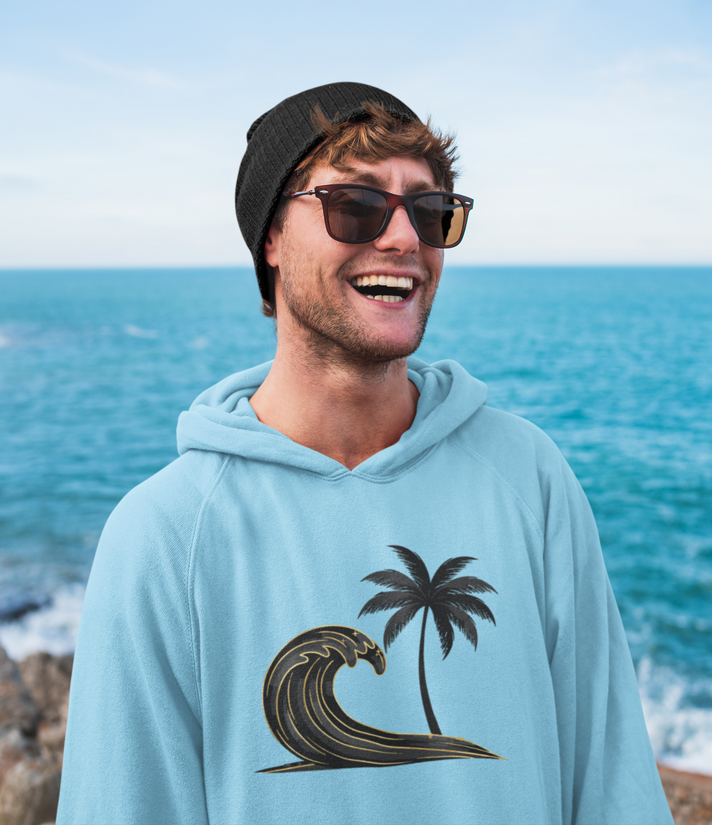 Herren Hoodie „Golden Wave“ – Premium Kapuzenpullover mit Surfboard & Palmen-Design |