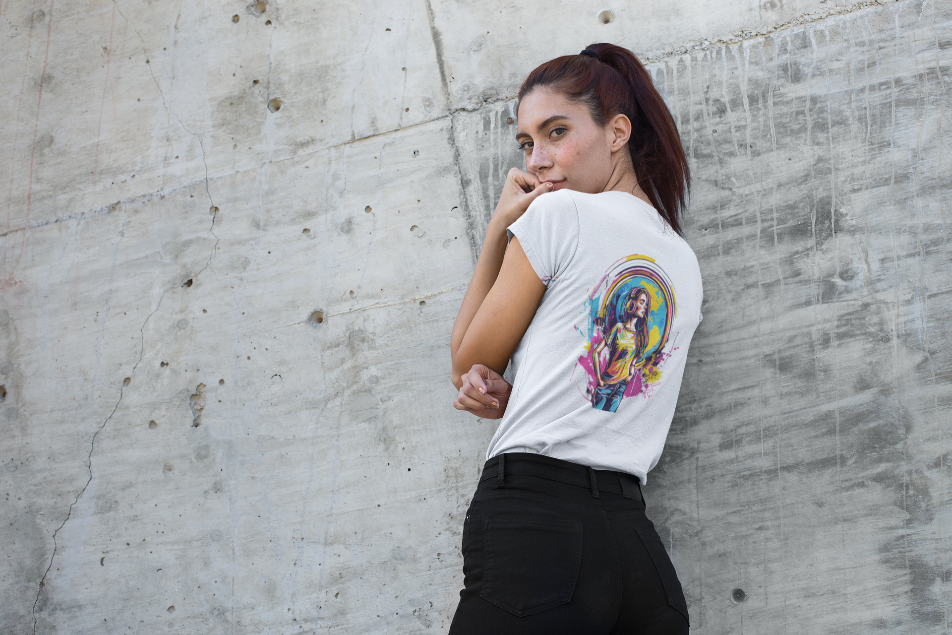 Buntes Festival Frauen T-Shirt- Global Vibes , Music Vibes, Pop-Art Look mit starker Farbexplosion